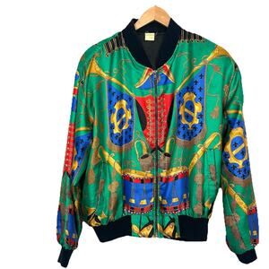 Vtg 80s 90s Green Gold Baroque Military Crest Silky Bomber Jacket L 24x23 Korea